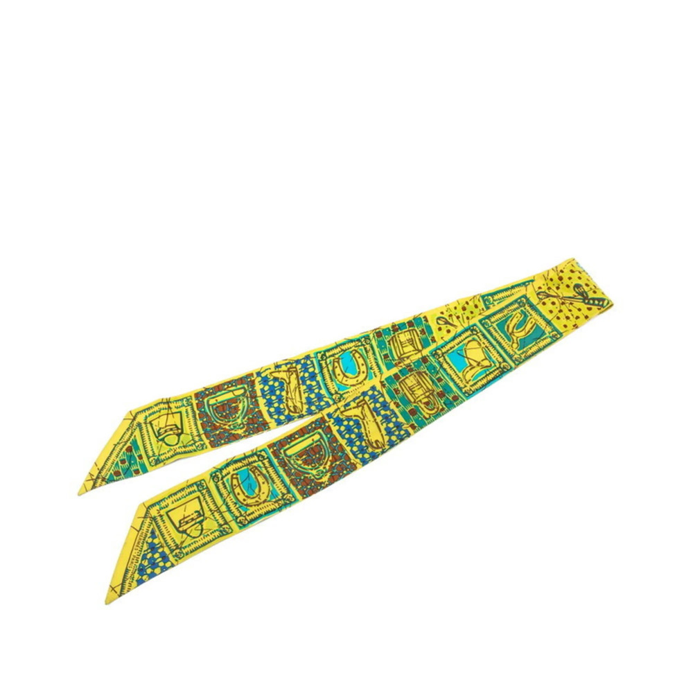 Hermes Twilly La Maison des Carres Scarf Muffler, Yellow/Multicolor Silk, Wom...